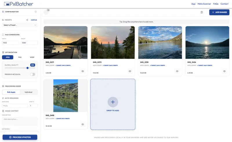 PxlBatcher interface with nature photos uploaded.