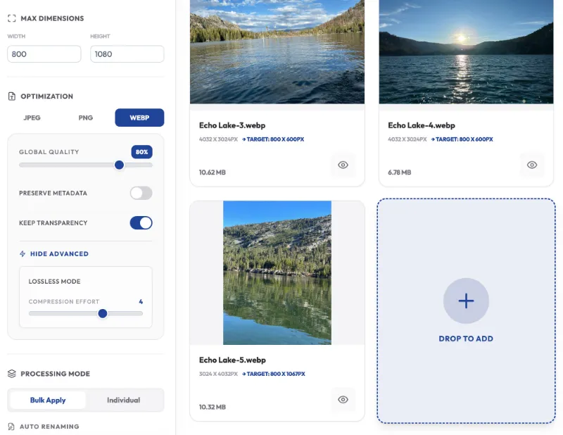 Image optimization settings for Echo Lake photos.
