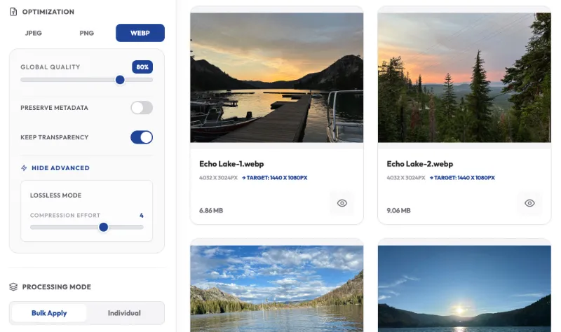 Image optimization settings panel and preview thumbnails.