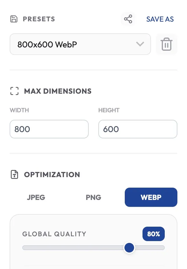Image format and quality settings screen interface.
